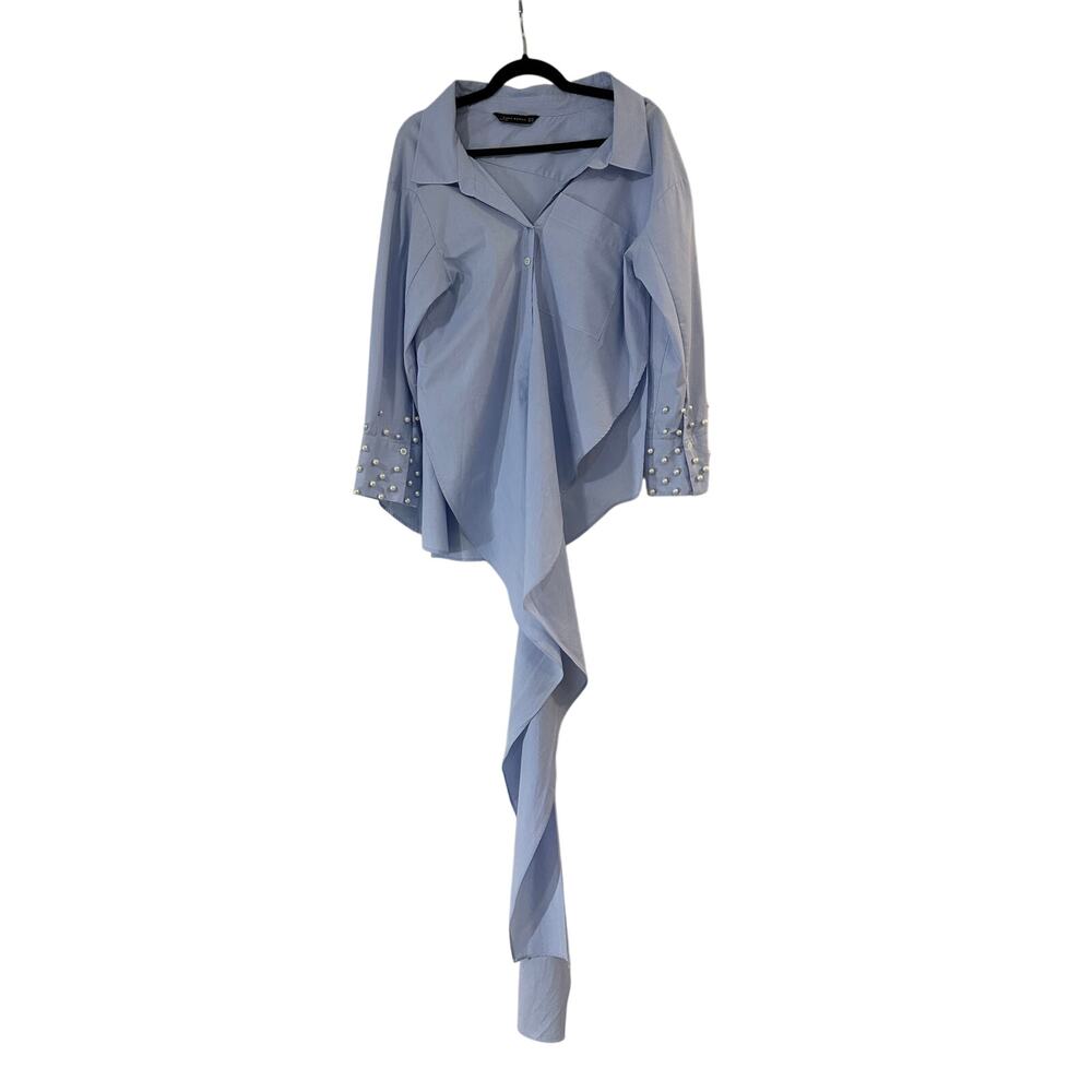 Zara Pearl Embellished Asymmetrical Wrap Blouse - Elegant and Chic